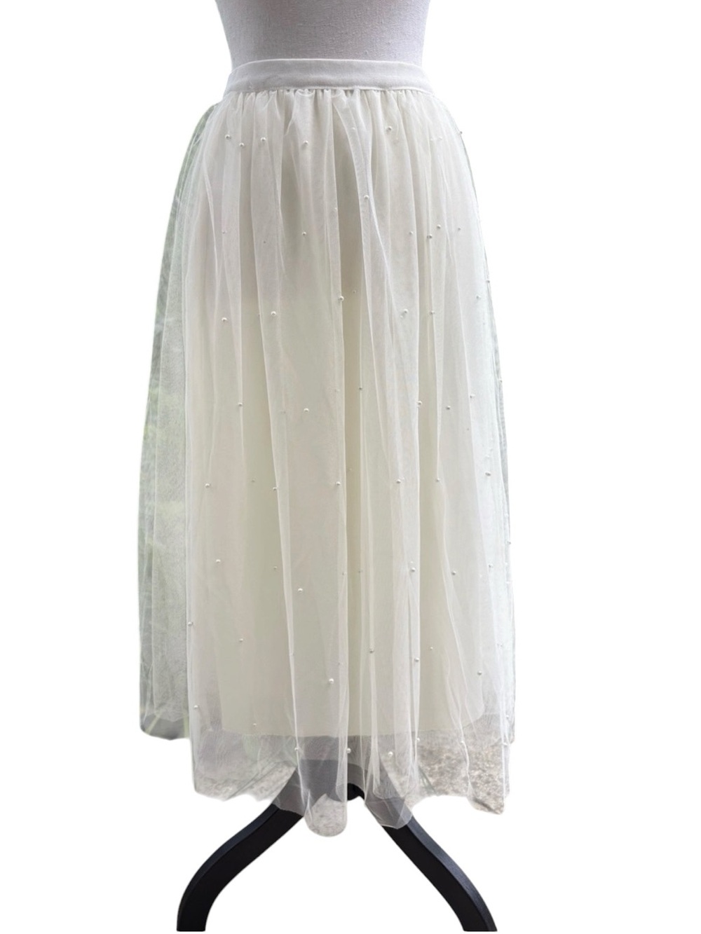 Metro Wear Ivory Pearl-Embellished Tulle Midi Skirt